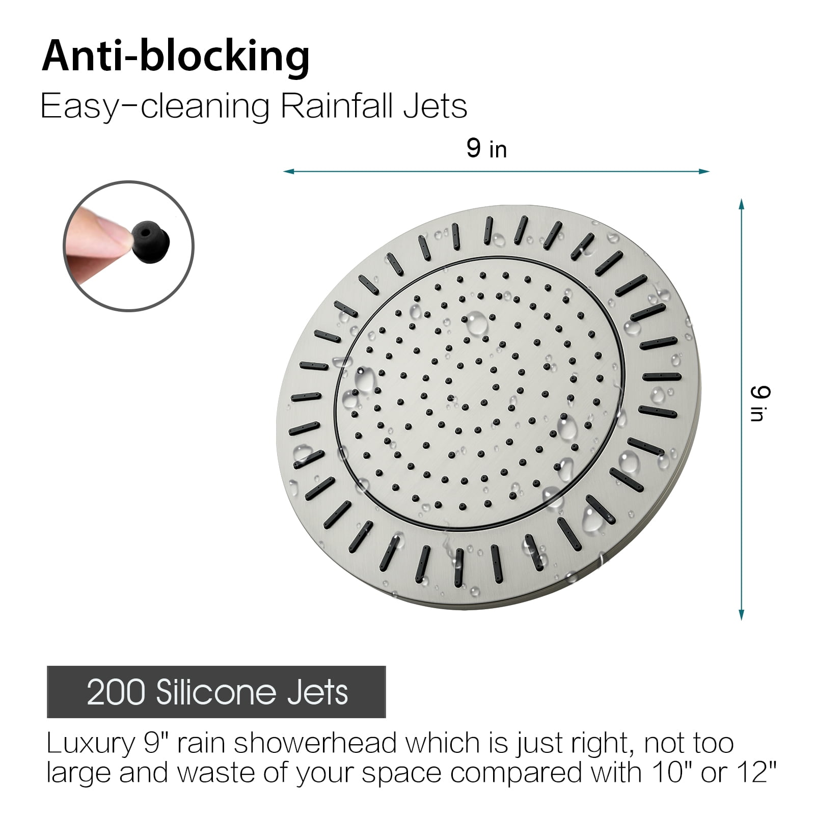 BRIGHT SHOWERS Rain Shower Head, 9 inch High Pressure Waterfall Showerhead with Adjustable Angle and Anti-clogging Silicone Nozzles, Luxury Bathroom Overhead Rainfall Shower Head, Brushed Nickel