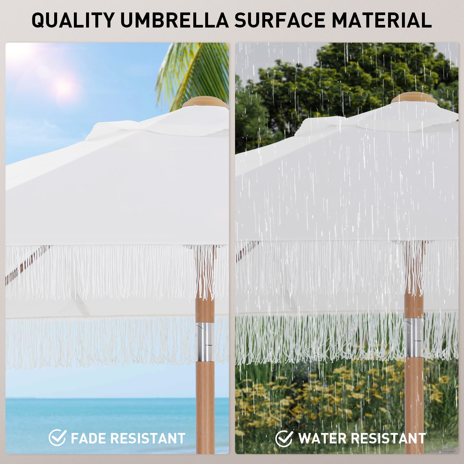 Autlaycil 7.5 ft Fringe Patio Umbrella for Beach, Pool, Adjustable Outdoor Market Umbrellas,Tassel Stylish - White