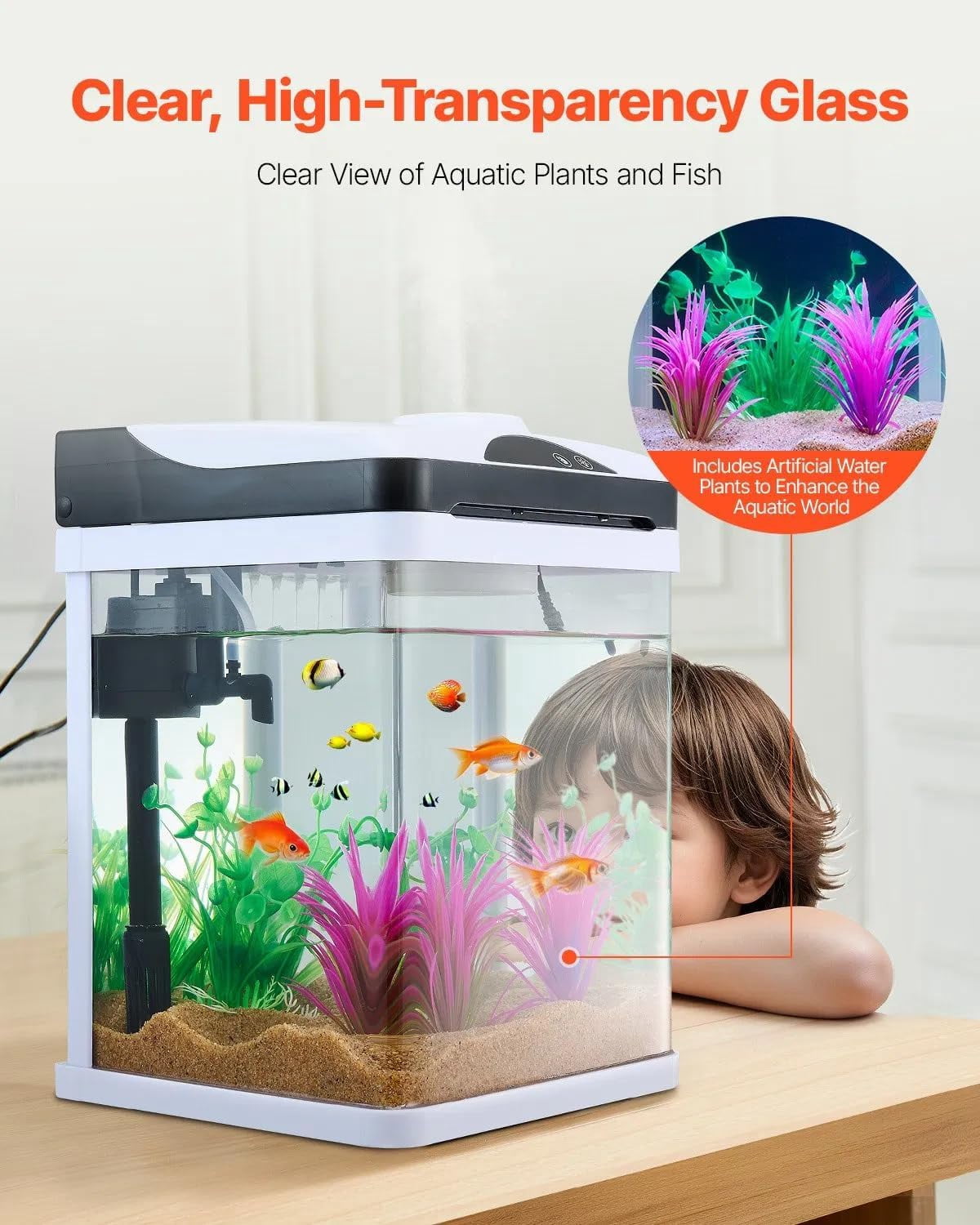 PUPIX 2 Gallon Fish Tank Aquarium Smart LED Glass Aquarium Self Cleaning Filtration Touch Control 7 Color Lighting Clear Glass