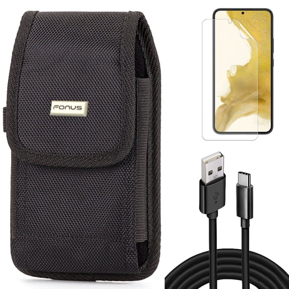 10ft USB Cable & Case Belt Clip & Matte Screen Protector for Samsung Galaxy S22 (6.1") - Type-C Charger Cord & Rugged Holster & TPU Film Anti-Glare Accessory Bundle