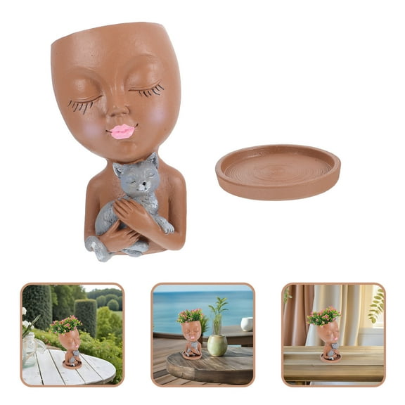 Worgeous Brown Resin Girl Face Cat Planter with Drainage Hole for Storage Use 6.3 Inches