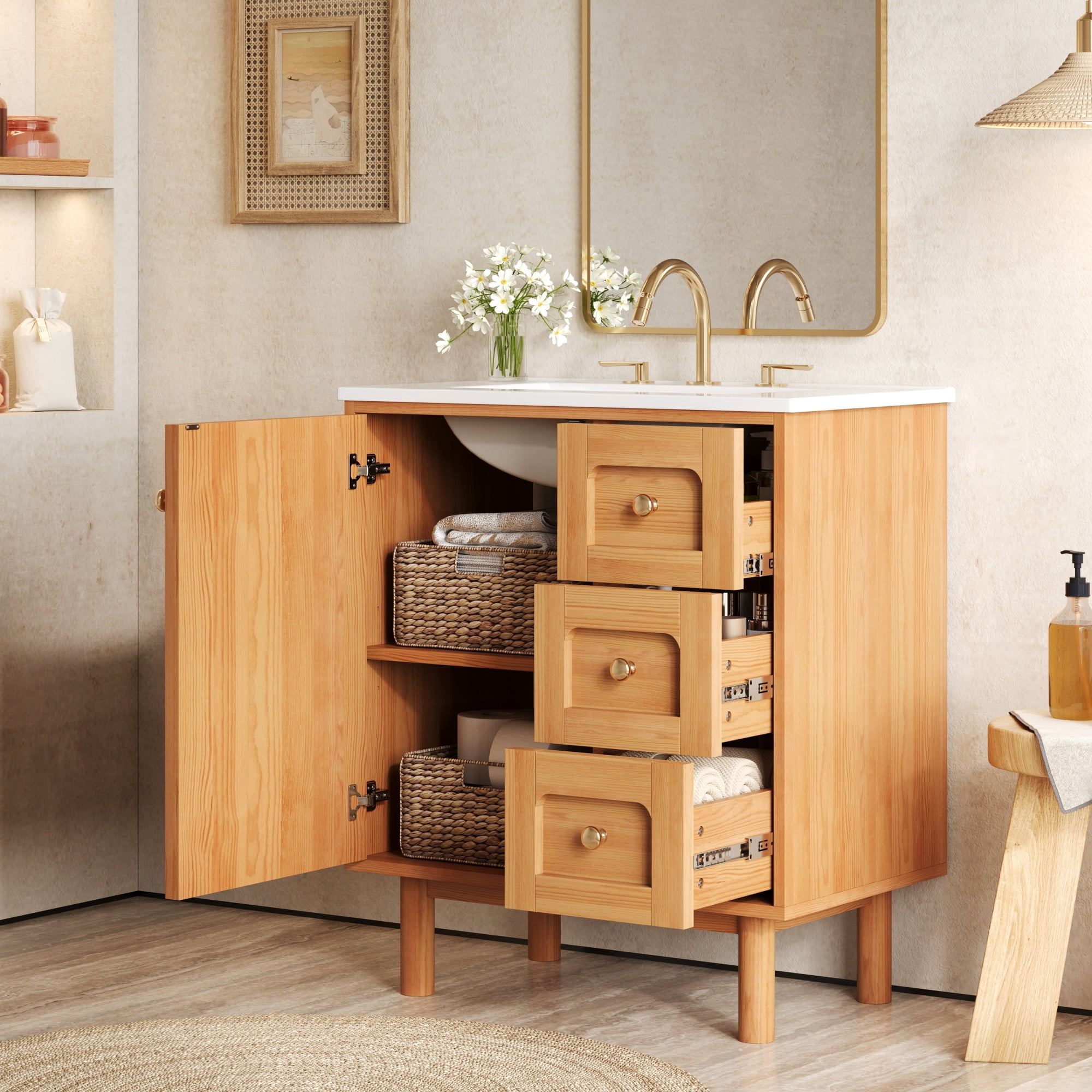 Euroco 30 Inch Bathroom Vanity with Ceramic Sink, Bathroom Vanity with 3 Drawers, 1 large Soft Closing Door, Farmhouse Bathroom Storage Cabinet , Ideal for Home