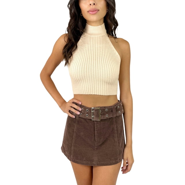 Txlixc Tirantes femeninos halterneck blusa casual de verano color sólido cuello alto sin mangas blusa sin espalda corta ropa callejera Txlixc moda