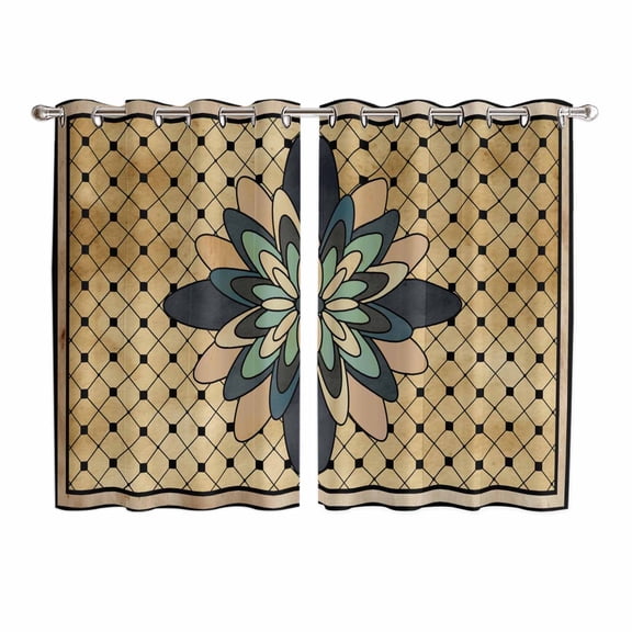 Vintage Geometric Kitchen Curtains Window Panels, Green Brown Abstract Plaid Checkered Insulated Window Treatment Curtain, Grommet Curtains for Bedroom/Living Room/Bathroom, 2 Piece 52"Wx72"L