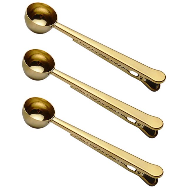 Coffee Scoop with Bag Clip, Spoon with Sealed Clamps Multi-Function Milk Powder Spoon Coffee Measuring Spoon, 20ml (3*Golden)