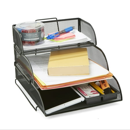3 Tier Mesh Desk Tray (Mind Reader Metal Mesh 3 Tier Different Sized Paper Trays Desk Organizer, Letter Tray, Document Paper File,)