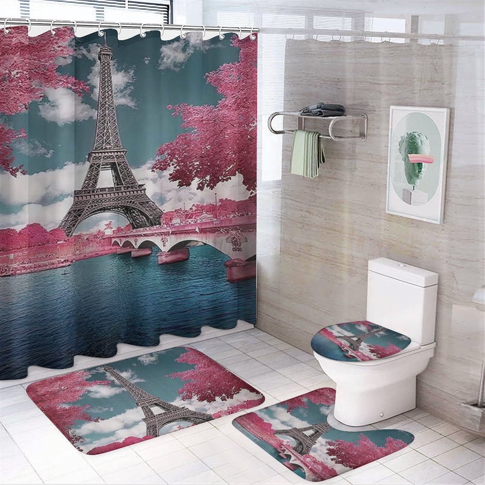 4pcs Paris Eiffel Tower Shower Curtain