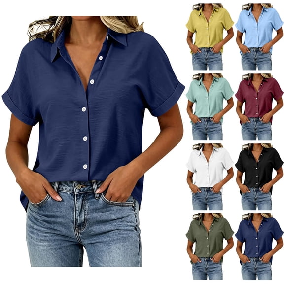 VBVC Women's Cotton Linen Button Down Blouse , Ladies' V Neck Short Sleeve Work Shirt , Summer Loose Fit Solid Tunic Top For Women, Army Green , S-2XL