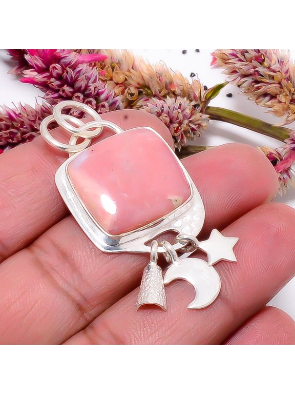 Pink Opal - Peru Designer Handmade Pandent With Charm 925 Sterling Silver Pendant 1.95" Sku45, Pink Pendant, Natural Gemstone Pendant