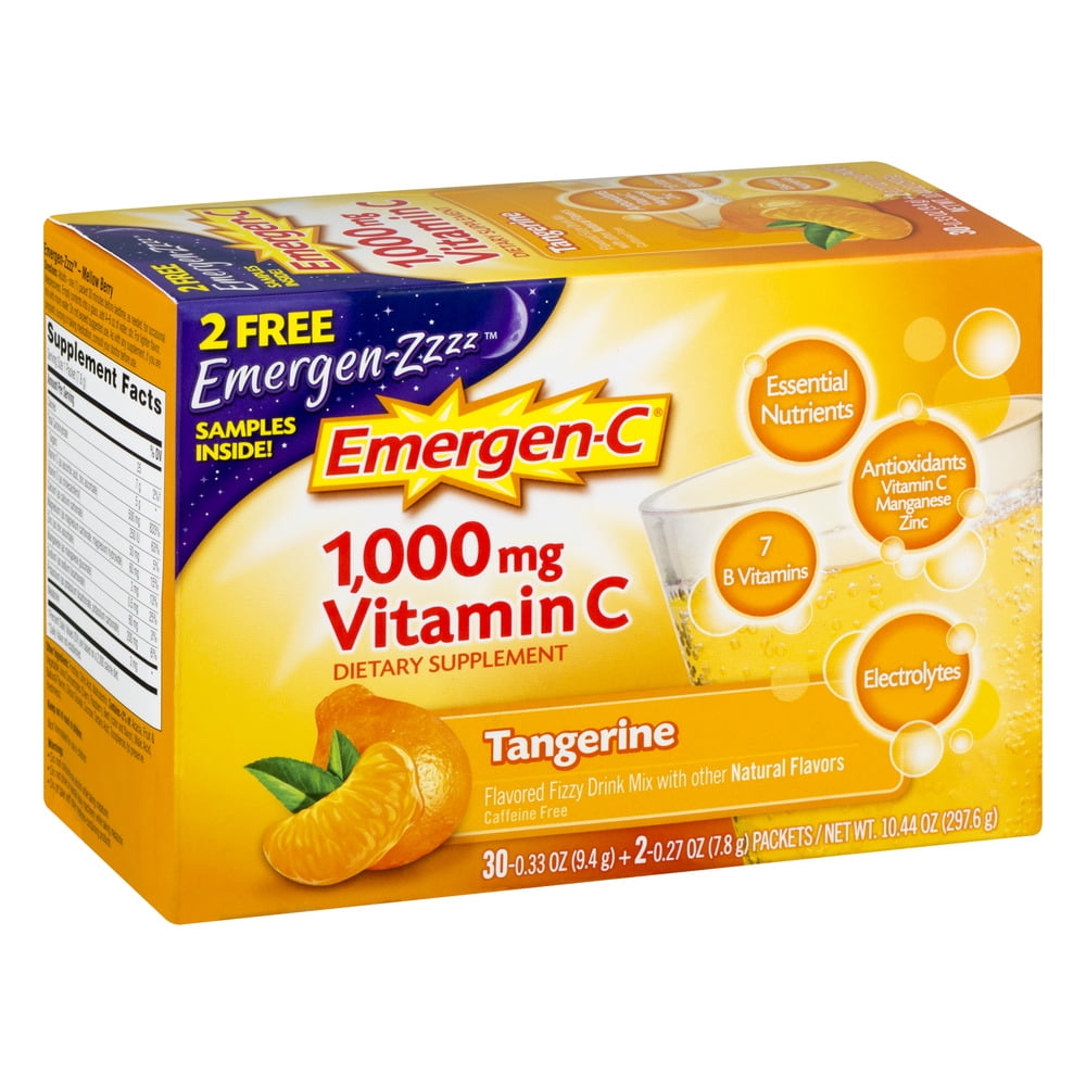 Emergen-C + 2 Bonus Emergen-Z (30 Count, Tangerine Flavor) Dietary Supplement Fizzy Drink Mix with 1000 mg Vitamin C, 0.33 Ounce Packets, 2 Emergen-Zzzz Samples Included, Caffeine Free
