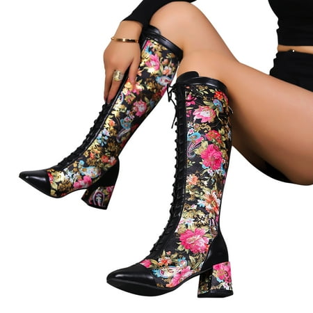 

Lovskoo 2024 Women s Cowboy Boots Horse Riding High-Heels Knee High Boots Christmas Print Color Matching Lace Up Zipper Vintage Mid Length Knight Boots Multicolor