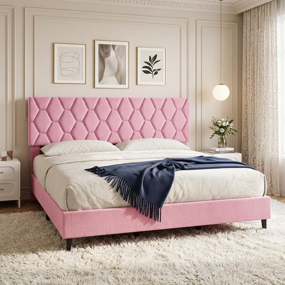 Upholstered Platform Bed, Adjustable Fabric Headboard, Heavy Duty Wood Slats, Noise-Free Easy Assembly