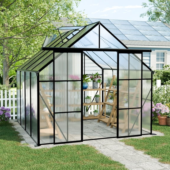 CarButler 8x8ft Polycarbonate Greenhouse Heavy Duty Walk-in Garden House with Sliding Double Door and Vent for Outdoor Garden Backyard Black