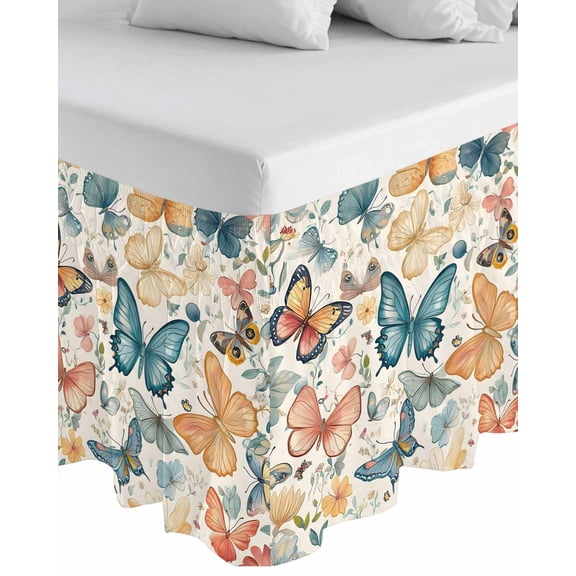 Butterfly Wrap Around Bed Skirts for King Bed 18" Drop,Bed Skirt with Adjustable Elastic Belt Dust Ruffle Bed Valance for Bedroom Hotel Retro Spring Leaves Country Aesthetic Flower Bed Frame Cover