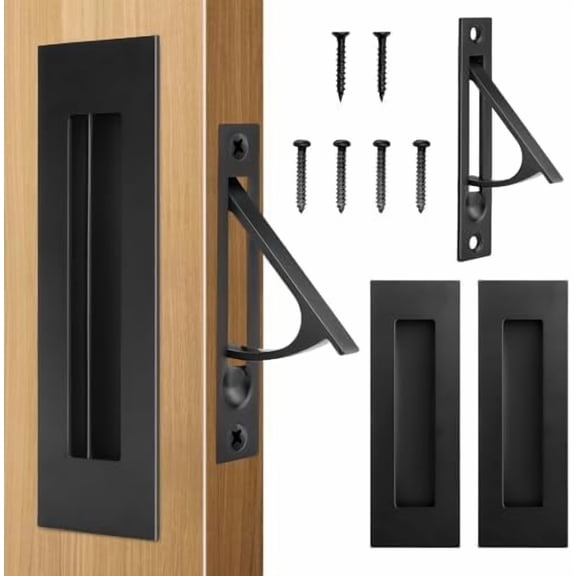 Pocket Door Hardware Set – 2 Recessed Flush Finger Pulls & 1 Edge Pull, Made of 304 Stainless Steel, Template Included, Black.
