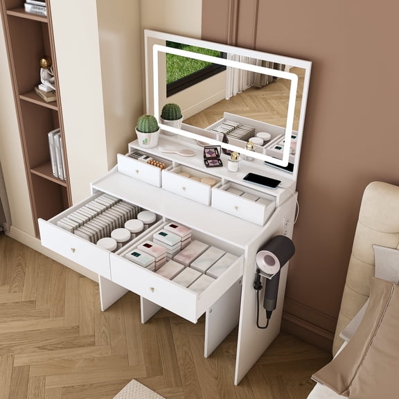 DreamBuck New Large Mirror Vanity Desk for Bedroom, Modern Makeup Vanity Set with Power Outlet and Hair dryer holder, 5 Drawers, 3 Lighting Color Adjustable Dressing Table for Bedroom, White Color