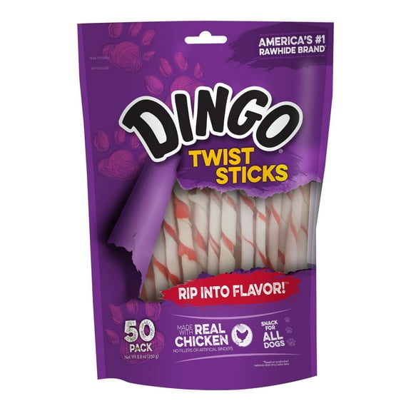 Dingo Twist Sticks Rawhide Chews for All Dogs, Made with Real Chicken, 50 Count