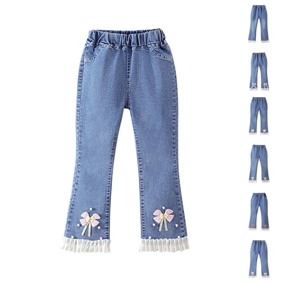 SROBPTY Girls Summer Pants Solid Beaded Denim Flare Leggings for Daily Wear 4-14 Years