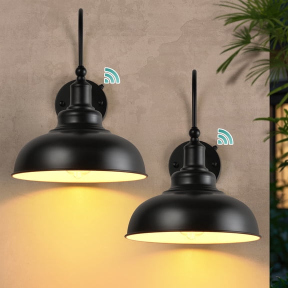 HKMGT Dusk to Dawn Outdoor Gooseneck Wall Sconce, Matte Black Farmhouse Porch Light, E26 Base, Waterproof Exterior Lighting for Garage Patio (2-Pack)