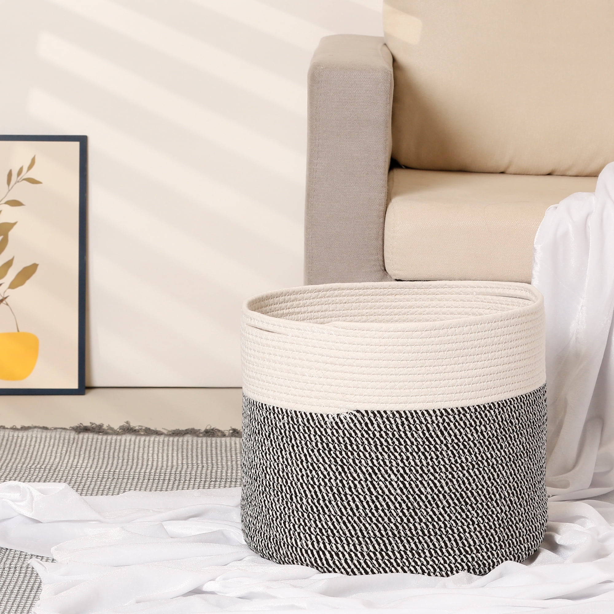 Unique Bargains Woven Storage Basket Bin with Handle for Clothes Home Decor White Black XL