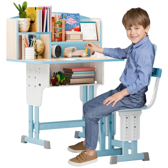 cbehtwi 2Pcs Kids Desk Chair Set – Height Adjustable School Learning Table with Drawer Four Partition Book Stand Backpack Hook Cup Holder