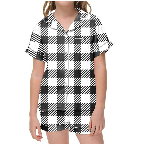 Odeerbi 2-12 Years Toddler Boys Girls Summer Satin Pajamas Notched Lapel Short Sleeve Shirts Shorts Set Soft Loungewear Retro Plaid Print Sleepwear Toddler Boys Girls Clothes