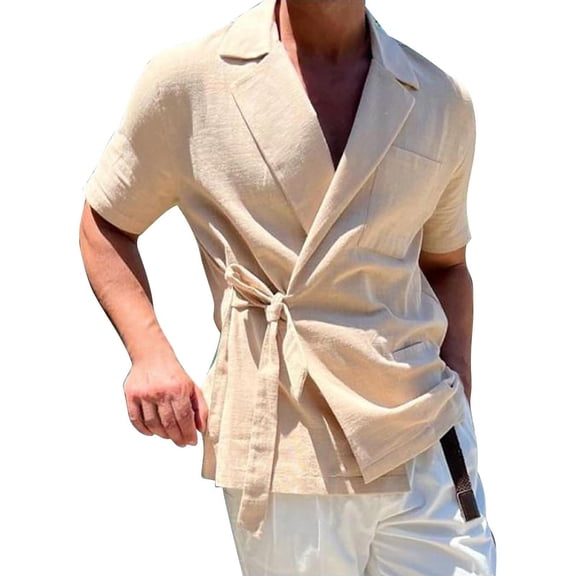 LIIPEE Men Shirts Casual Solid Color Short Sleeve Lapel Lace Up Shirts Male Loose Fit Fashion Tops Spring Summer Comfortable Breathable Soft Daily Shirts,Beige,L