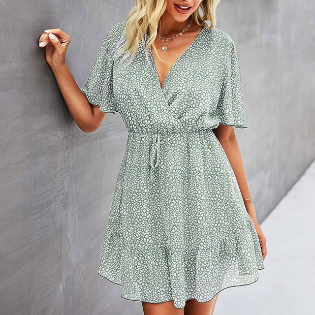 FcBaudy Robe à Manches Courtes Col en V, Robes d'Été pour Femmes, Robes d'Été pour Femmes Robe à Volants à Fleurs Col en V Taille Haute Robe pour Femmes