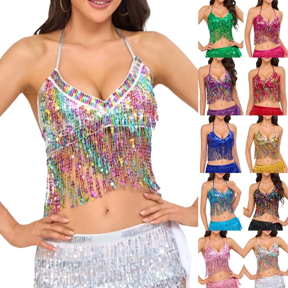 Felirenzacia Women Sequin Tassel Dance Blouse, Sleeveless Sparkly Sequin Camisole Tank Top , Silver,Free Size