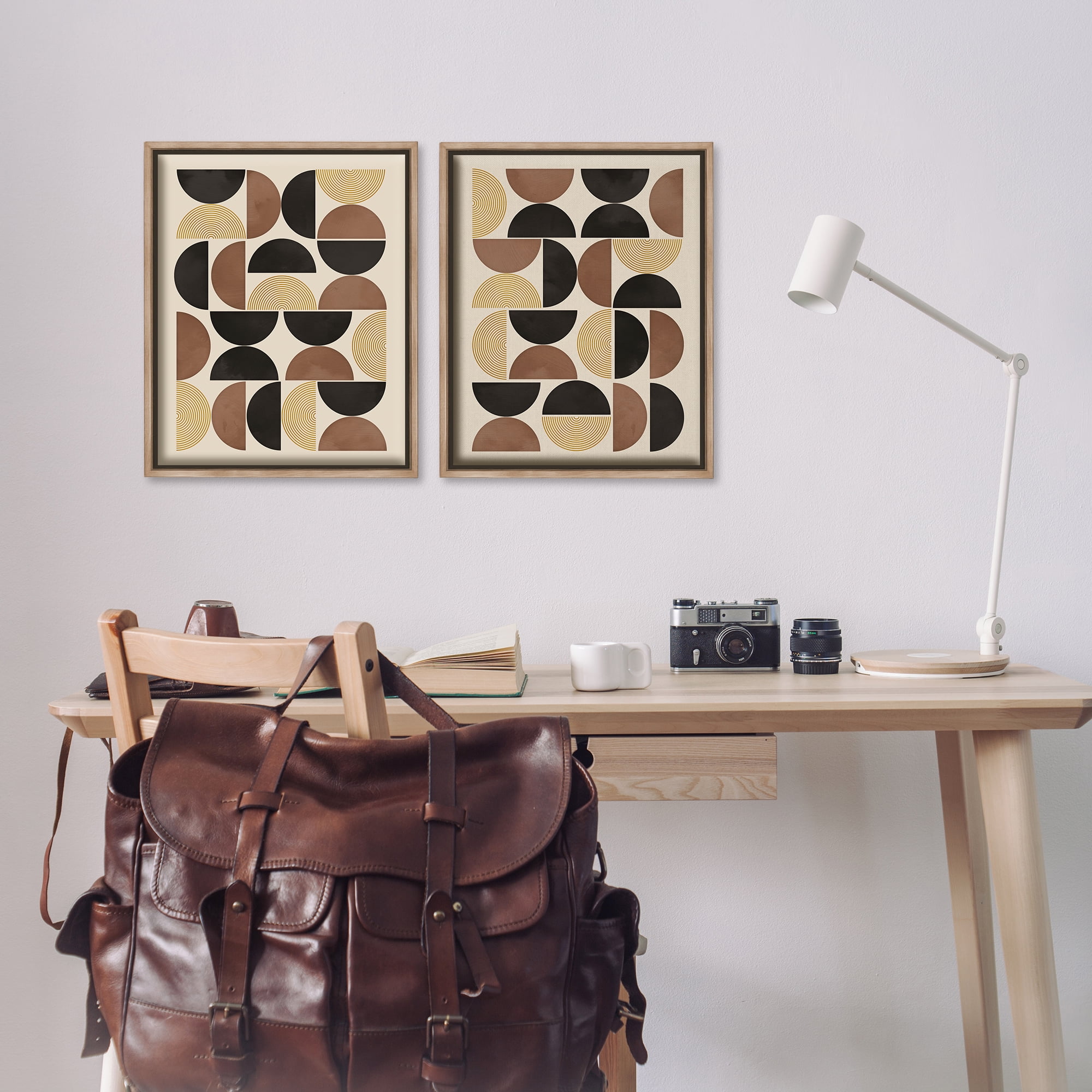 Stupell Industries Midcentury Geometric Semicircles Abstract Painting Brown Floater Framed Canvas Art Print Wall Art, 17 x 21, Set of 2