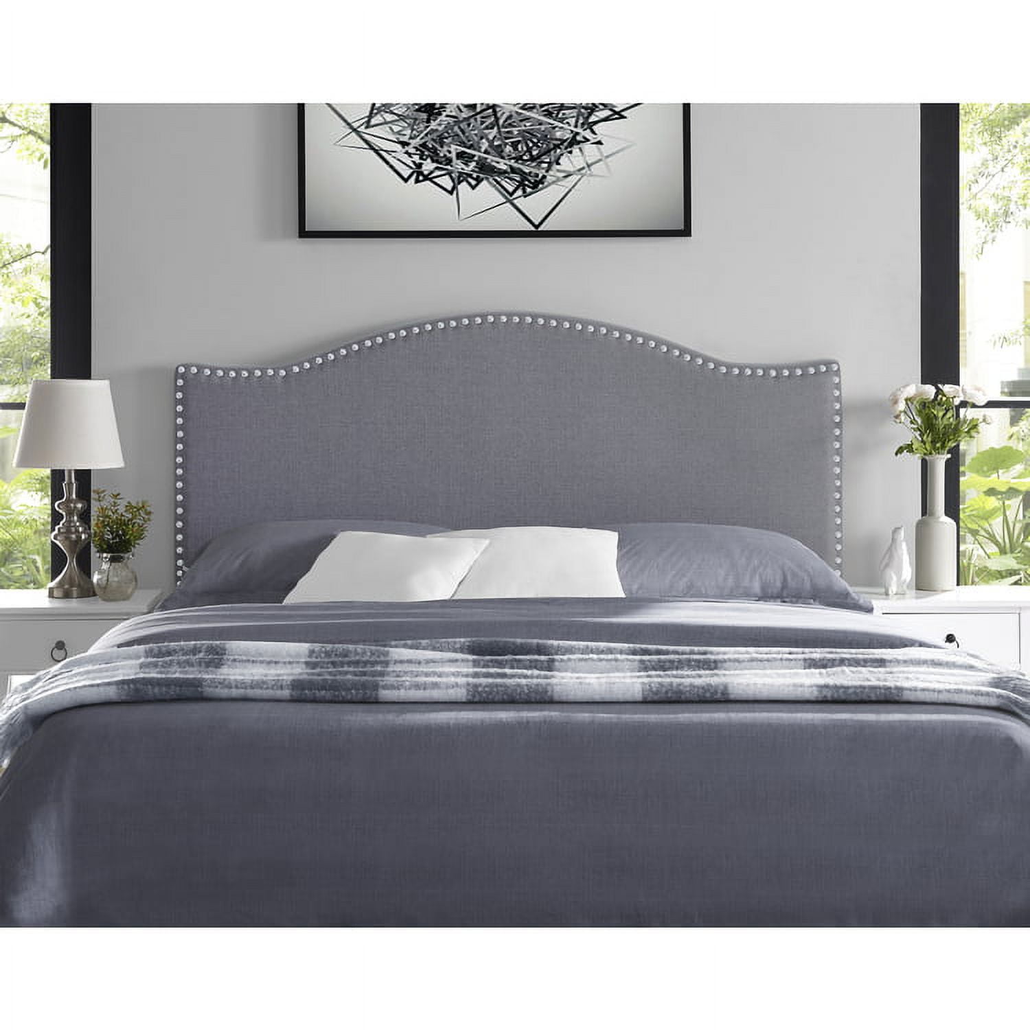 Cassandra Queen Headboard – Light Gray Upholstered Button Tufted Linen, 12 Adjustable
