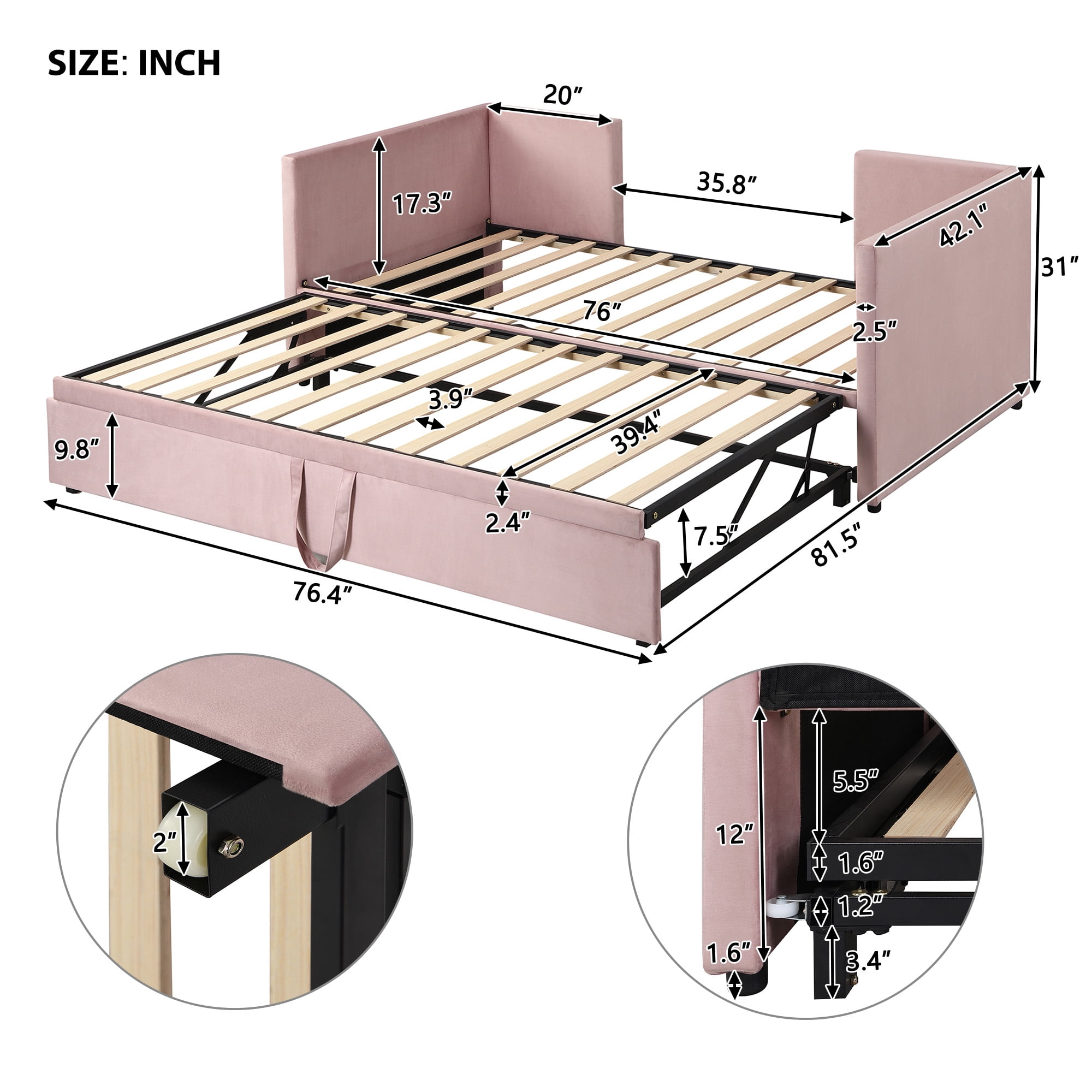 Aukfa Kids Upholstered Expandable Twin-to-King Daybed with Trundle, Pink