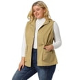 thumbnail image 4 of Women's Plus Size Utility Vest Stand Collar Cargo Pocket Drawstring Waist Sleeveless Jacket Khaki 1X, 4 of 7