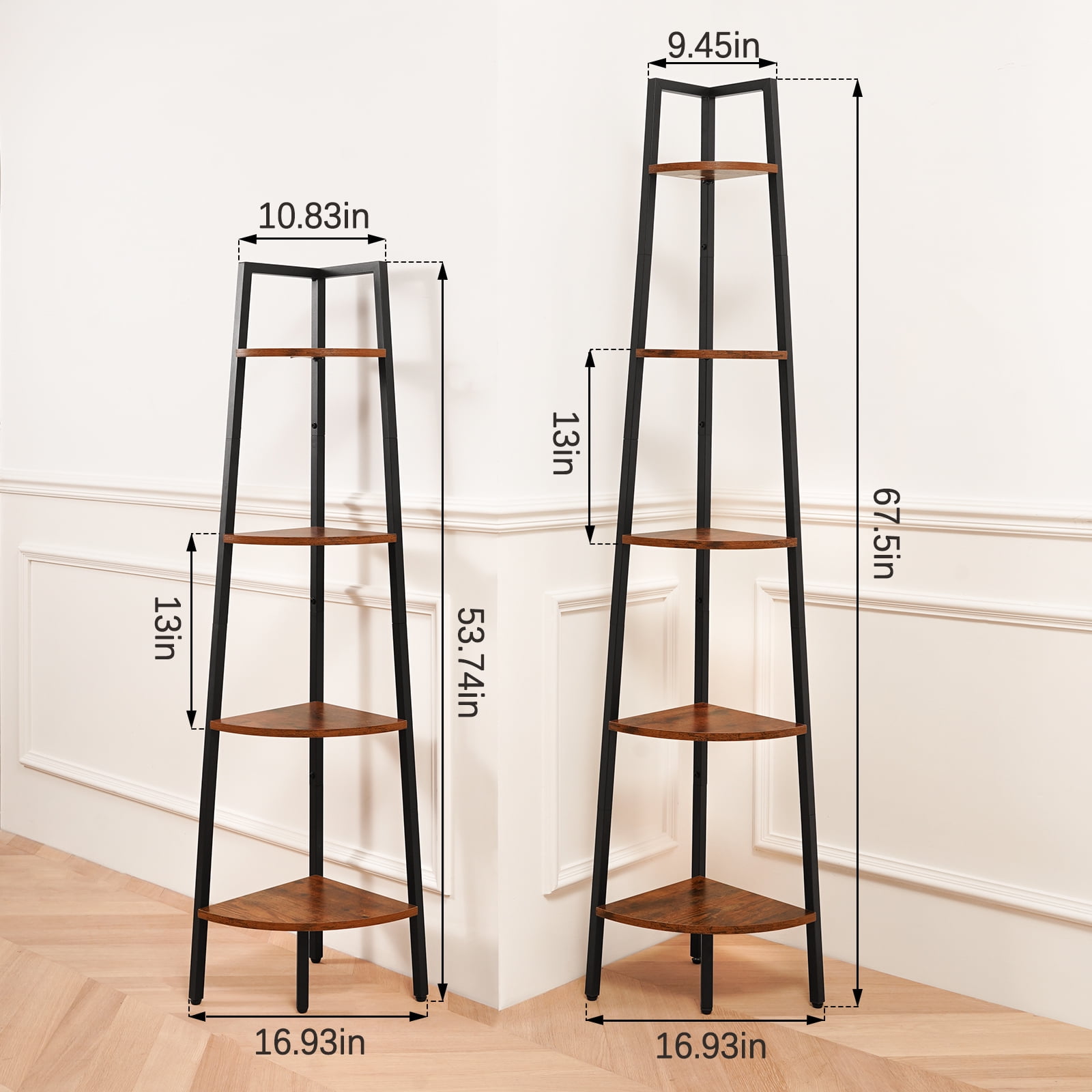 Yoobure 4-Tier Corner Bookshelf with Metal Frame,Ladder Display Shelf for Bedroom and Living Room, Tall Wood Corner Bookcase and Plant Stand