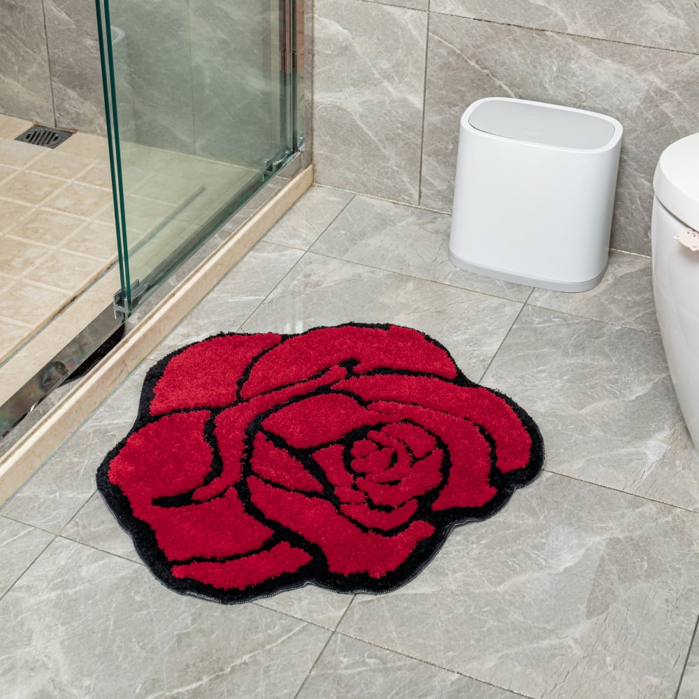 Red Rose Bath Mat for Bathroom Non Slip Flower Shaped Absorbent Bath Rug Fluffy Shower Rugs Washable Decor Floral Small Rug Doormats 23.6x25.5in