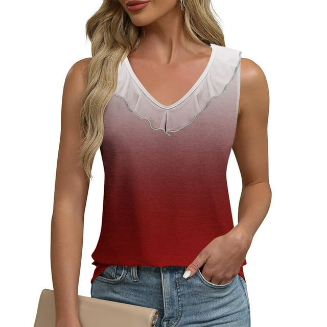 Sentmoon Débardeurs pour Femmes Été Col Rond Coupe Régulière Tendance Tops pour Femmes 2025 Boho Grand Bretelle Volants Dégradé Sans Manches T-Shirts Chemises Décontractées pour Vacances à la Plage Vin m