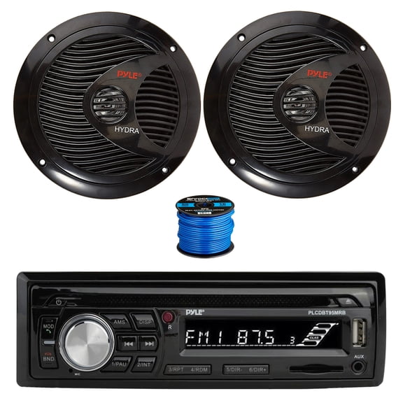 Pyle PLCDBT95 In Dash Bluetooth Marine Stereo Radio MP3 CD Player AM/FM Receiver, 2x 6.5" 150 Watt 2-Way Dual Cone Full Range Audio Speakers (Black) w/ Wire