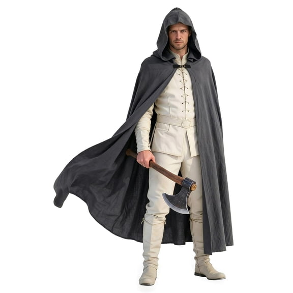 VZQI Renaissance Hooded Cloak for Adults, Faux Linen Medieval Cape with Hood, Unisex Costume Cloak for Cosplay, Halloween, Renaissance Fair