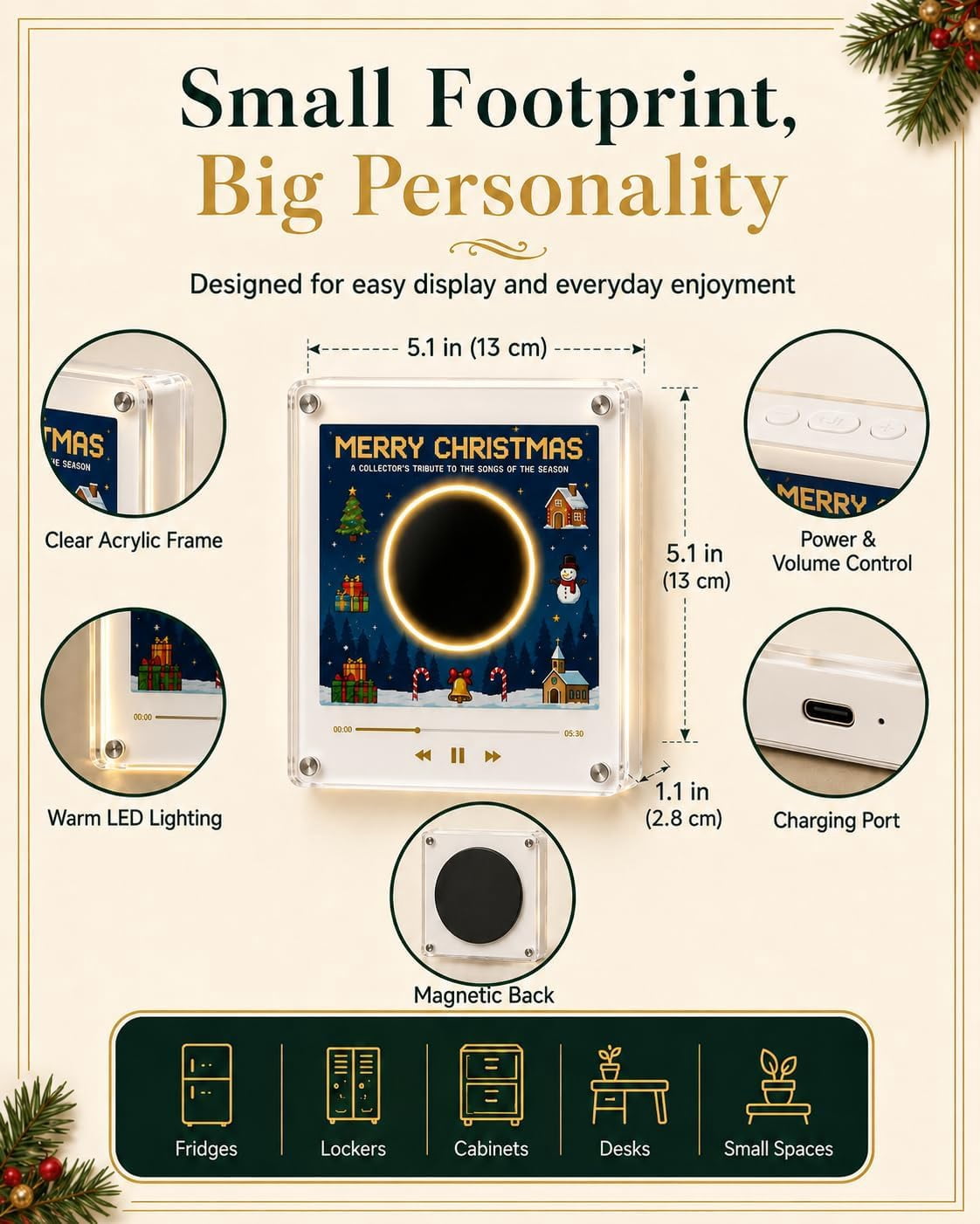 NovaSyrma Magnetic Fridge Vinyl Music Box Christmas, Magnetic Vinyl Player for Fridge, with 9 Vinyl Style Discs and USB C,  Festive Compact Accessory for Kitchen Office Bedroom