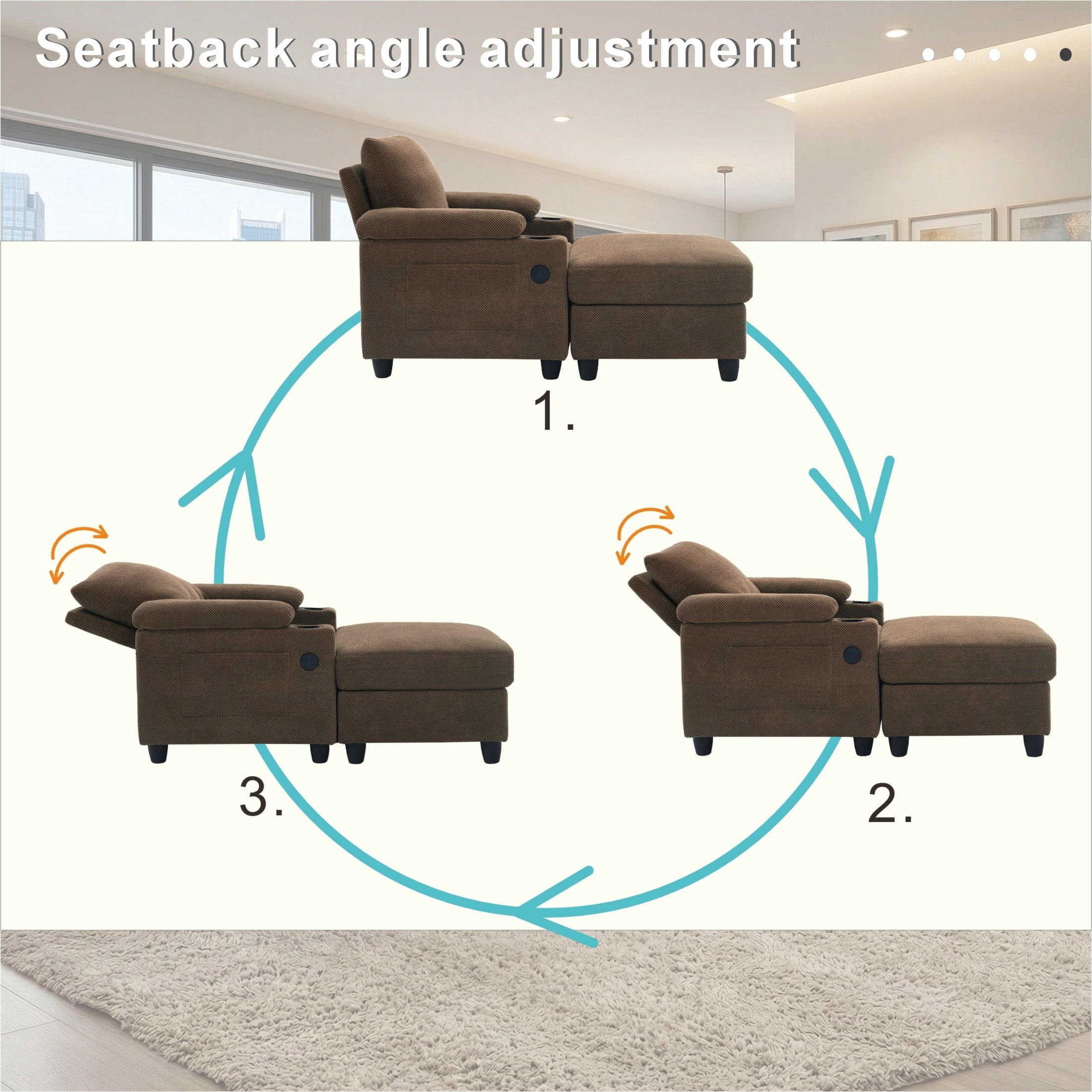 GDF Studio Abriel Accent Chair with Storage Ottoman, USB Ports & Cup Holders, Versatile Chaise Lounge, Coffee