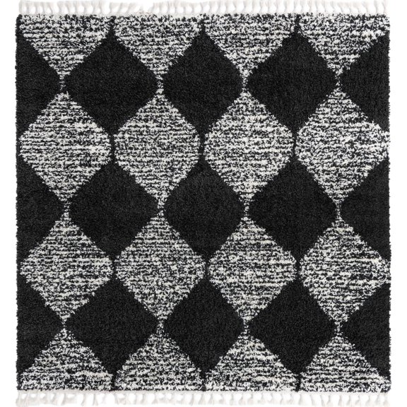 Rugs.com Serenity Shag Collection Rug – 8 Ft Square Black And White Shag Rug Perfect For Living Rooms, Kitchens, Entryways