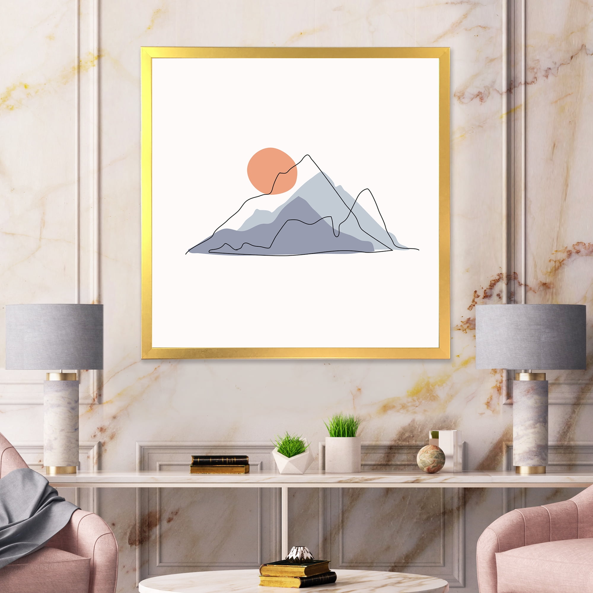 Designart 'Abstract Red Moon With Mountainscape' Modern Framed Art Print