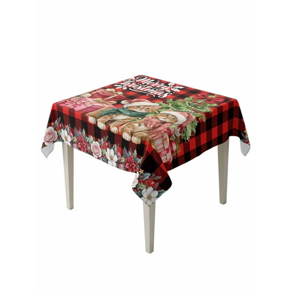Square Tablecloth 54 x 54 Inches Christmas Cats Xmas Trees Flowers Red Plaid Waterproof & Stain Resistance Table Cloth Decorative Fabric Table Cover for Dinning/Party/Buffet/Banquet