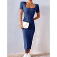 thumbnail image 4 of Women Square Neck Casual Dresses Summer Ribbed Short Sleeve Bodycon Maxi Dress Side Slit Knit Long Sundress Blue M, 4 of 5