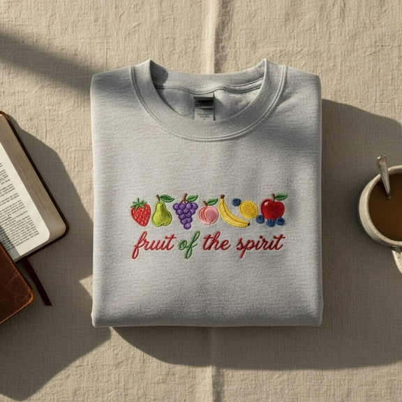 Colorful Fruit of the Spirit Embroidered Sweatshirt, Christian Bible Verse Crewneck, Galatians 5:22 Scripture Fruit Hoodie