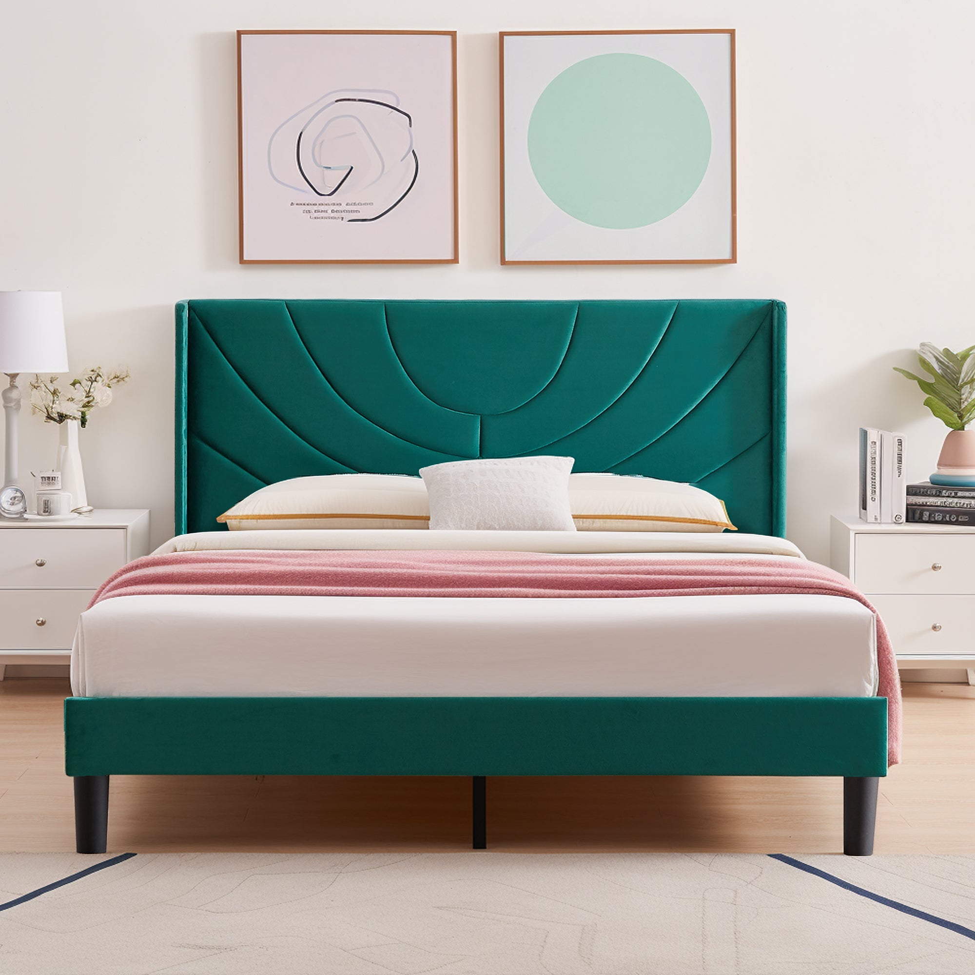 VECELO Upholstered Platform Queen Bed Frame with Fabric Headboard,Wooden Slats Support/No Box Spring Needed/Mattress Foundation,Dark Green