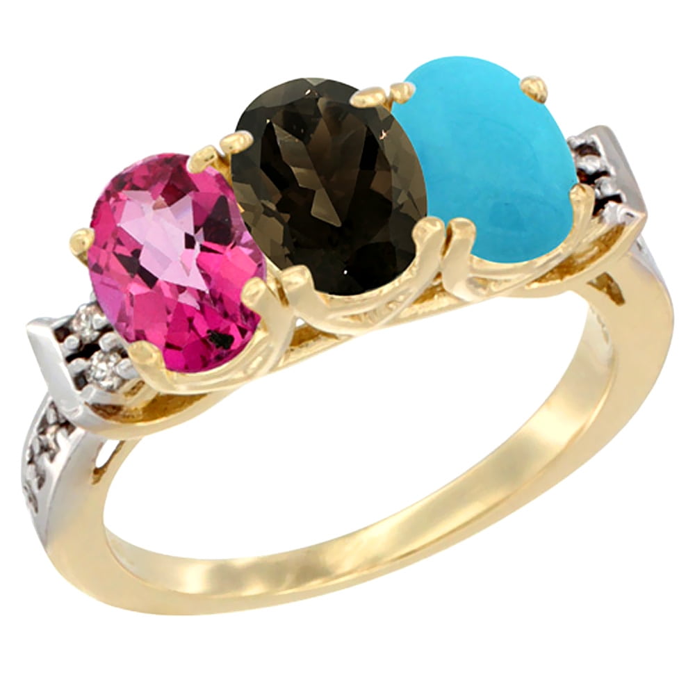 14K Yellow Gold Natural Pink Topaz, Smoky Topaz & Turquoise Ring 3-Stone 7x5 mm Oval Diamond Accent, sizes 5 10 by WorldJewels