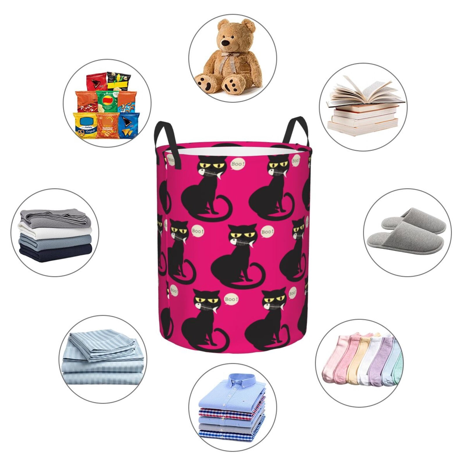 Large Laundry Basket with Handles - Cartoon Black Cat Fishbone Kids Baby Dirty Clothes Laundry Hamper for Bedroom Aesthetic