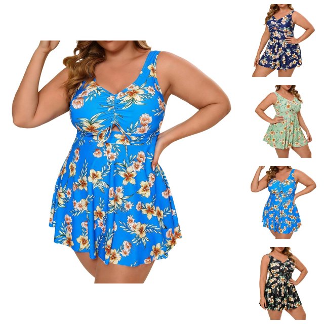 Womens Swimsuits Tankini 2026 Casual Plus Size Modest Flowy Swim Dress with High Waisted Bottom Two Piece Bathing Suits Woman