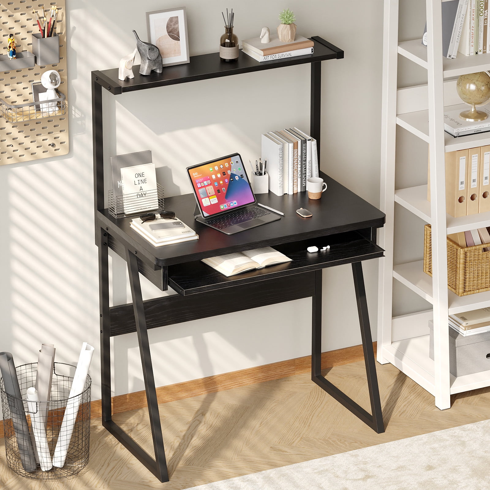 Zenira 2 Tiers Small Computer Desk for Small Space, Compact Laptop Table Workstation with Keyboard Tray, Study PC Table for Home Office, Black